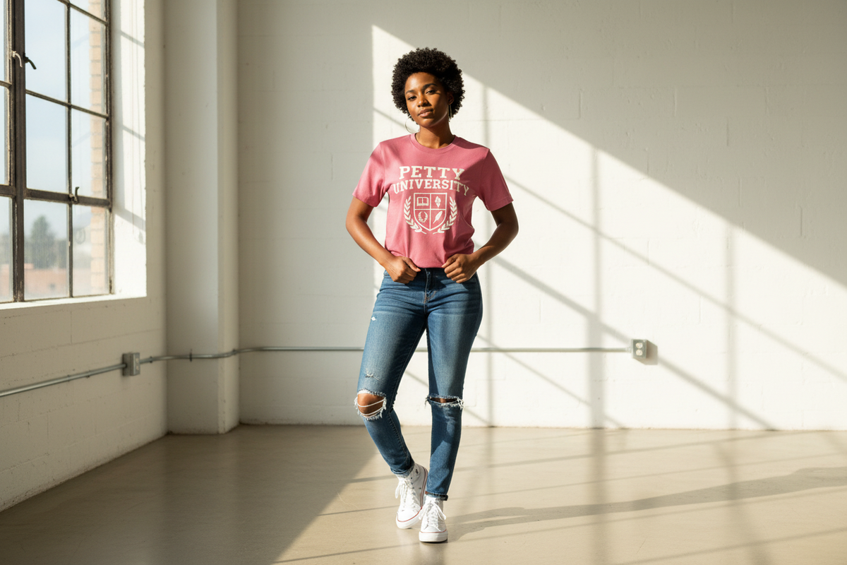 Petty University Crunchberry Tee on Black Female Model